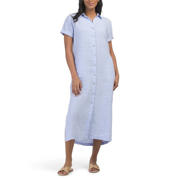 C&C CALIFORNIA Blue Linen Blend Short Sleeve Midi Shirt Dress - Picture 1 of 2